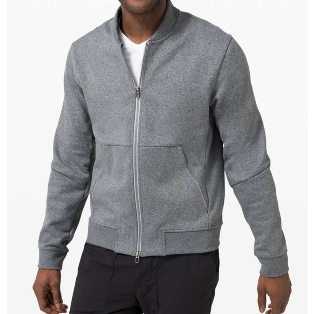 LULULEMON CITY MEN’S SWEAT BOMBER FLEECE HEATHERED GRAY SIZE MEDIUM PTP 21”